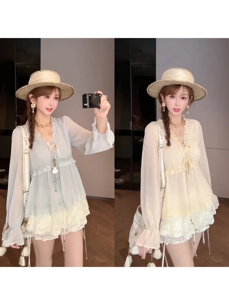 Mimius Camicia in Rete con Pizzo Stile Francese da Donna, Top Estivo Semi-Trasparente con Coulisse, Traspirante Ultra-Sottile a Maniche Lunghe