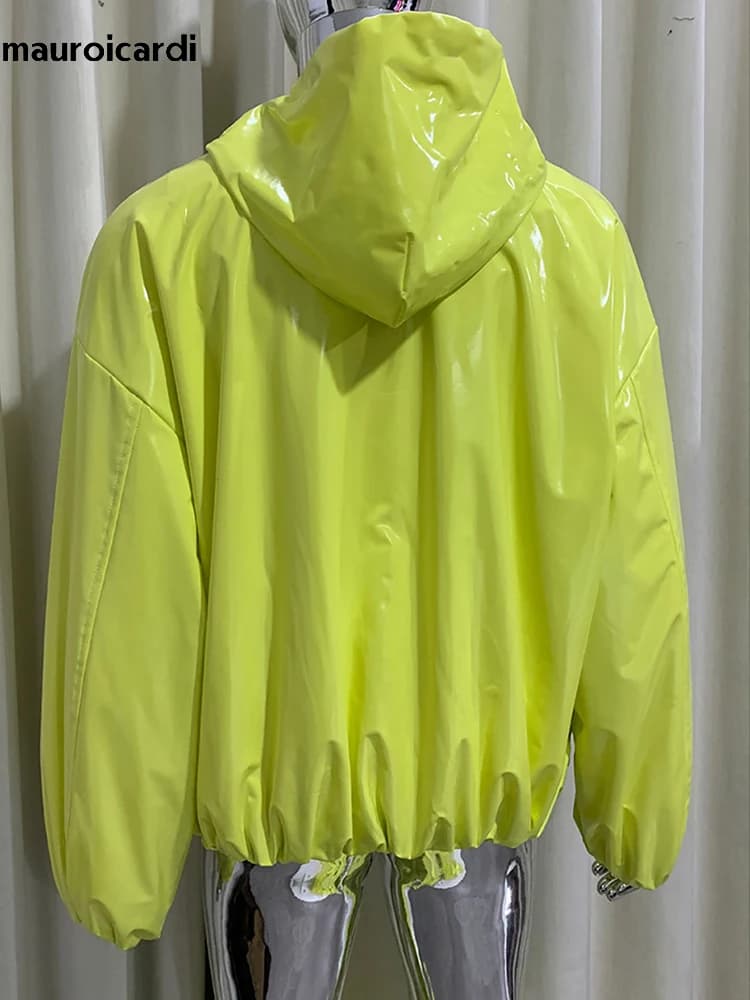 Giacca in Pelle Lucida Oversize Primaverile Mauroicardi con Cappuccio e Cerniera, Abbigliamento Streetwear di Lusso per Uomo, Marche Originali