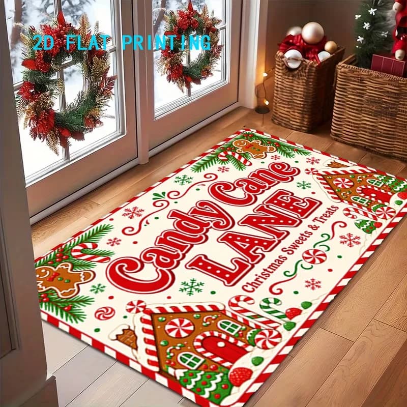 Candy Cane Lane Christmas Doormat, Gingerbread House Printed Floor Mat, Front Door Xmas Holiday Home Decor