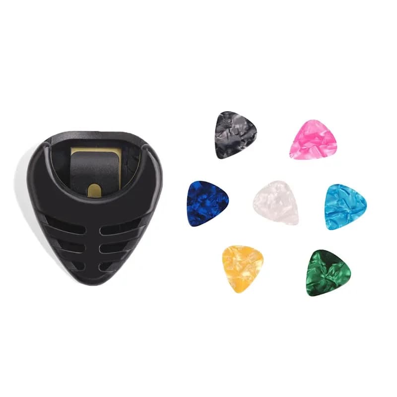 Set di plettri in celluloide da 7 pezzi, colore casuale, con supporto, facile attacco per chitarra acustica/elettrica