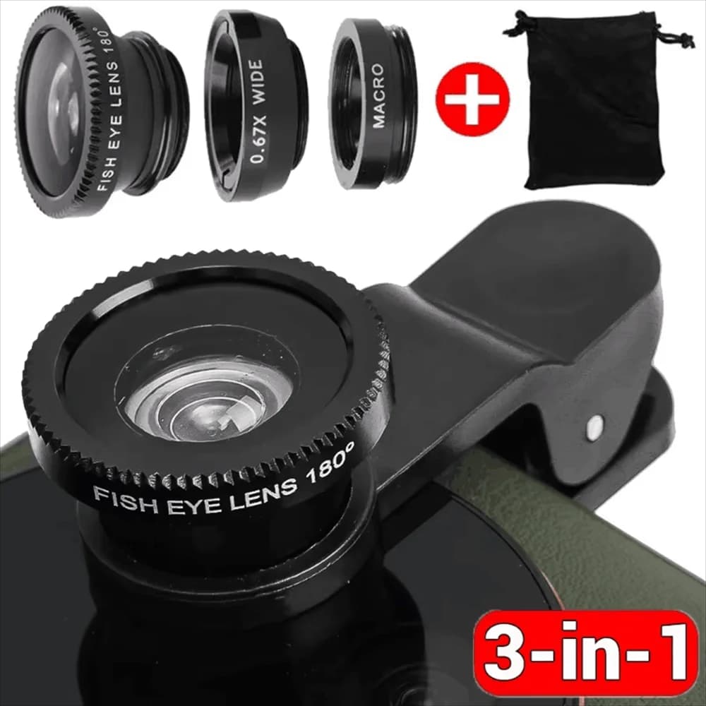 3 in 1 Phone Fisheye 0.67X Wide Angle Micro Camera Lens For iPhone Samsung Xiaomi Smartphone Fish Eye Zoom Lens With Phone Clip
