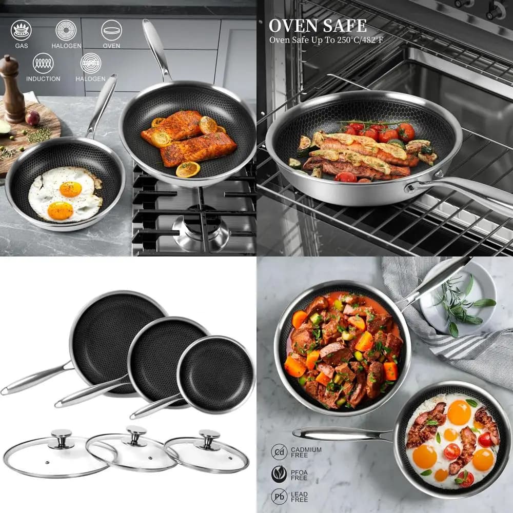 Set of honeycomb stainless steel non-stick pans, 3 sizes (8, 9.5, 11) for induction and gas stoves