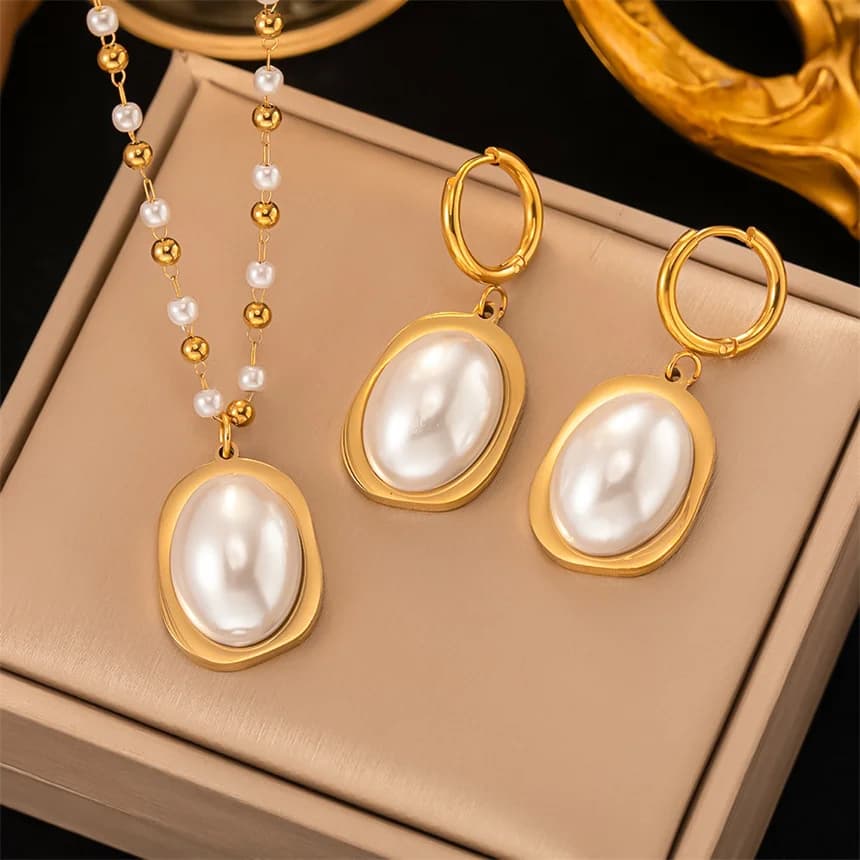 Fashion Imitaiton Pearl Round Heart Pendants Necklace Earring Sets For Women Girl Stainless Steel Necklace Set Jewelry Party