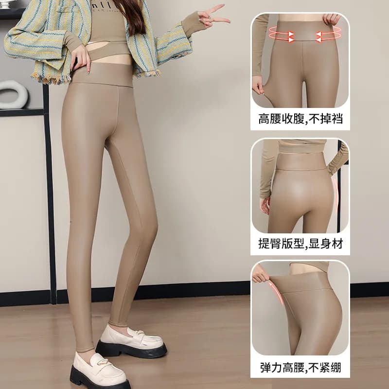 Pantaloni da donna in pelle PU Abbigliamento esterno invernale Leggings foderati in pile Vita alta Taglie forti Stretti Bianco caldo Cachi Prezzo all'ingrosso 70 kg