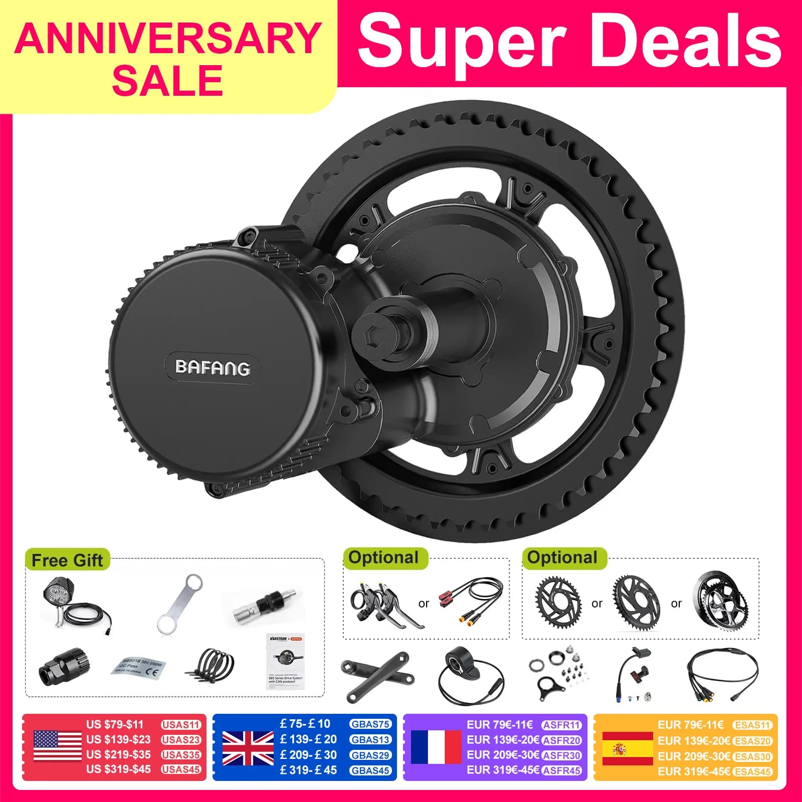 BAFANG Motore Mid Drive 48V 36V 750W 500W 250W 42T 36T 52T 44T Ruota a catena Conversione bicicletta elettrica Motore eBike BBS02B BBS01B