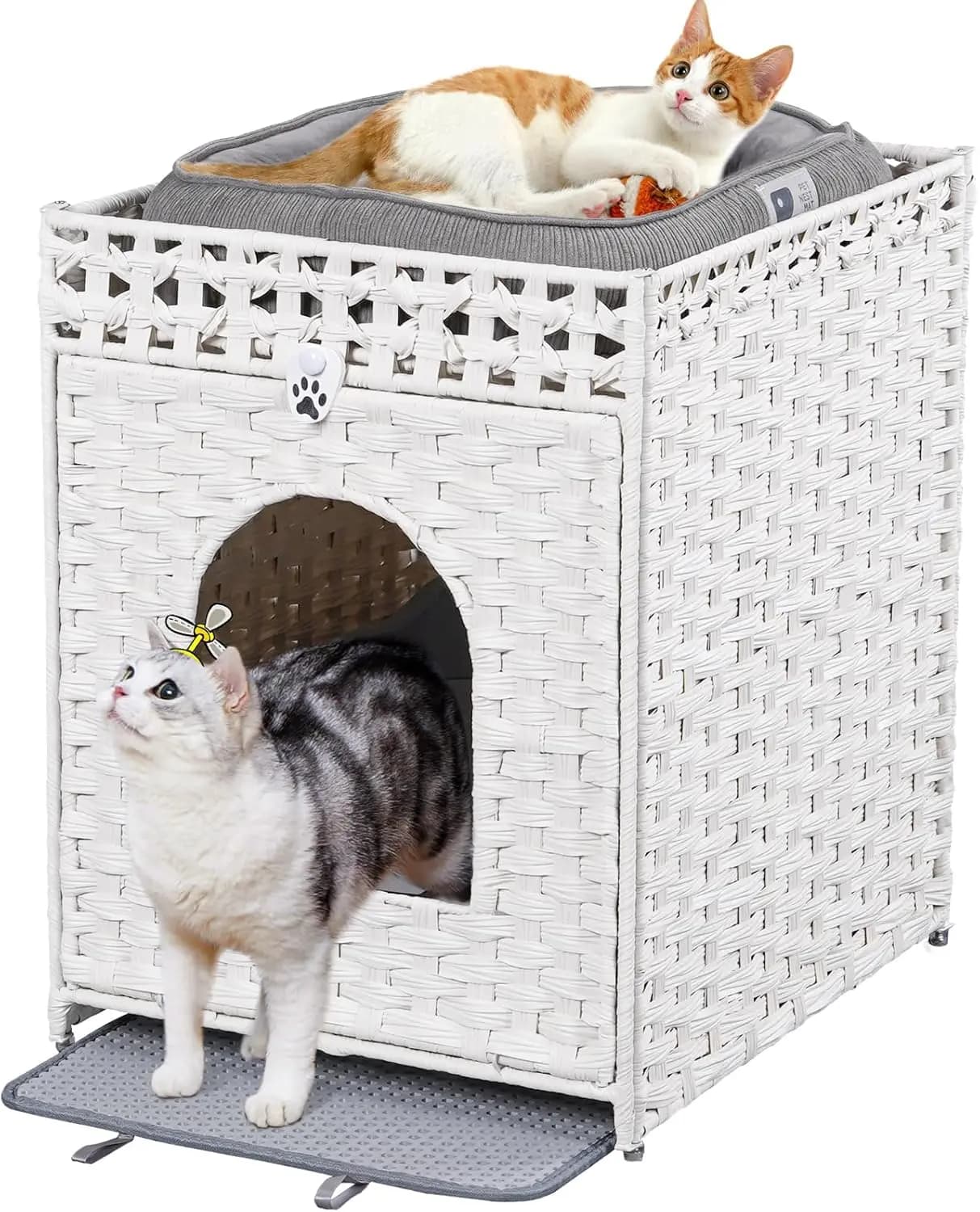 Cuccia per Gatti in Rattan Intrecciato a Mano con Porta e Tappetino, Arredamento per Animali Domestici da Interno per Soggiorno o Camera da Letto in Bianco