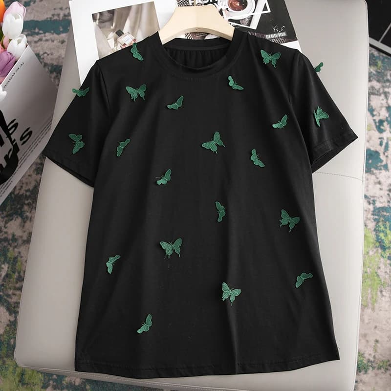 T-shirt nera a maniche corte con ricamo fatto a mano, alla moda e fotogenica, in cotone, stile europeo, con scollo rotondo.
