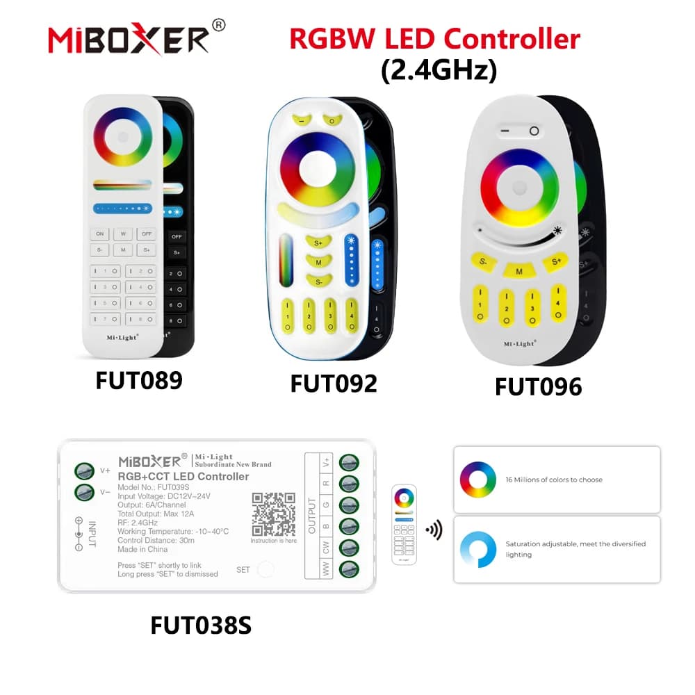 MiBoxer DC12~24V FUT038S+FUT089 2.4GHzRF Wireless RGBW 6A/Ch 16 Millions of colors to choose LED Controller For COB/Led Strip
