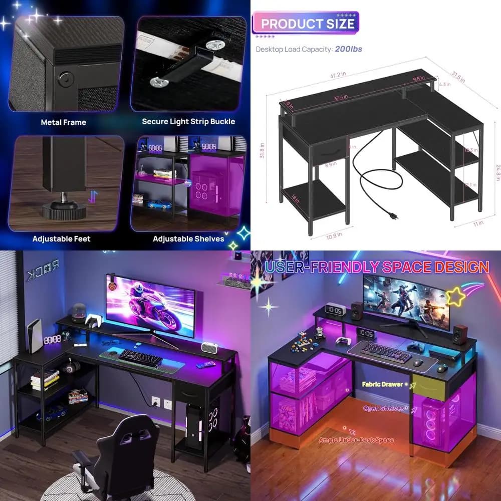 47 Inch L Gaming Desk with Drawers, LED Lights, Current and Support Monitor for Home Office or Living Zone - Black