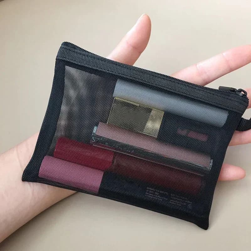 Borse per il trucco per il lavaggio degli articoli da toeletta Custodia per trucco in rete trasparente nera Custodia per organizer Borsa per cosmetici da viaggio per donna Cerniera casual