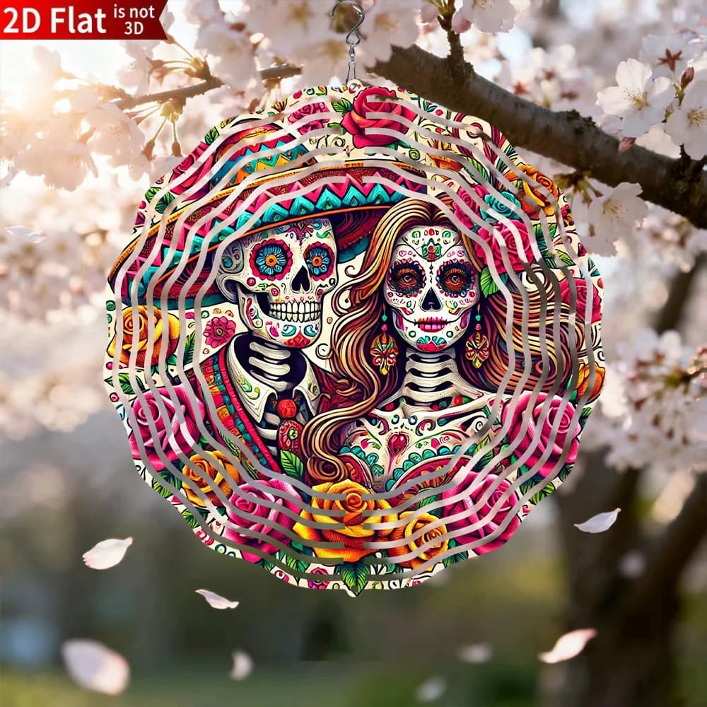 Metal Wind Chime Featuring a Floral Skull Design, Perfect for Outdoor And Indoor Decor, Gardens, Porches, And Patios