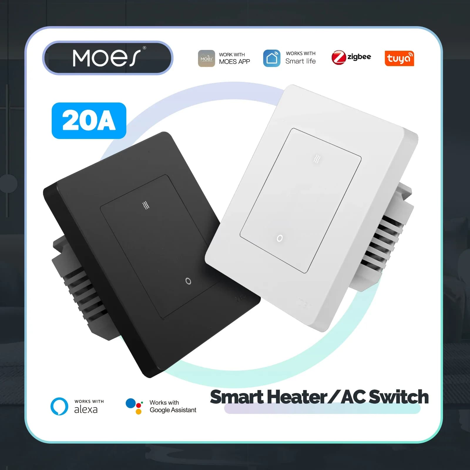 MOES Tuya 20A ZigBee Intelligent Heater AC Switch High-Load Electricity Monitor App Double Polo Remote Control Support Alexa Google