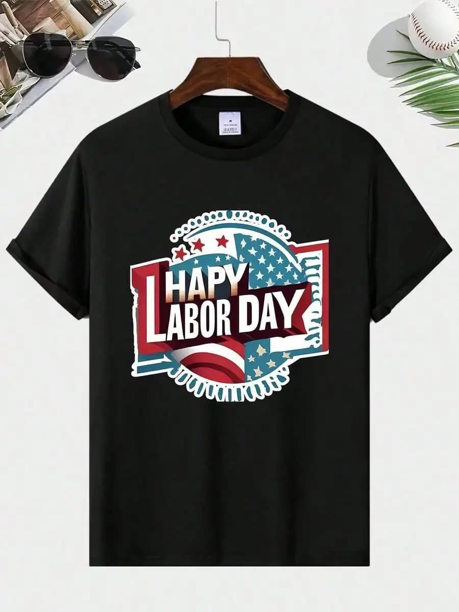 T-shirt casual da uomo Happy Labor Day - Poliestere traspirante - Manica corta con scollo rotondo