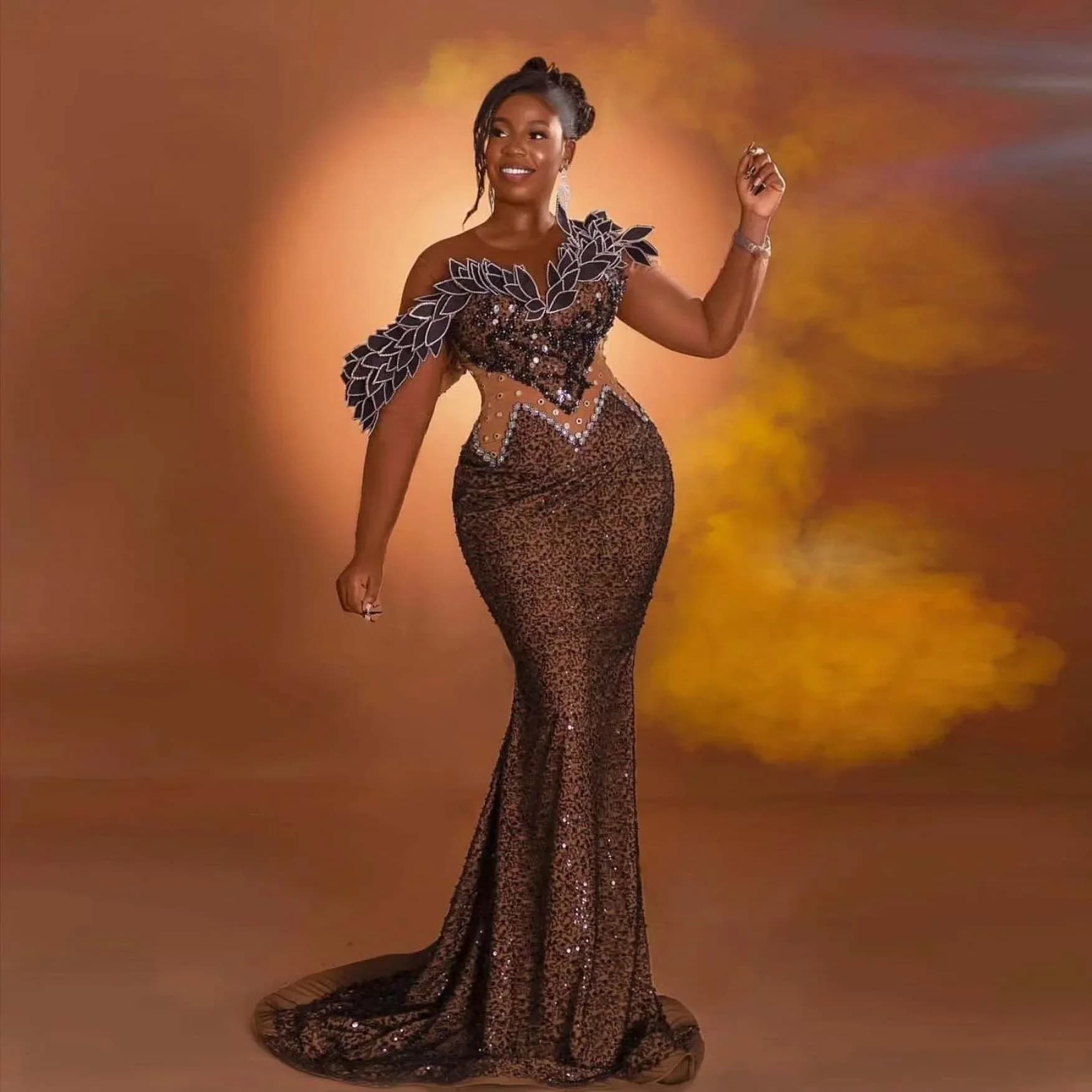 Elegant African Waist Dress in Black Lace Nude, Aso Ebi Ceremony Dress with Long Sleeves, Leaves and Crystals, Siren Style