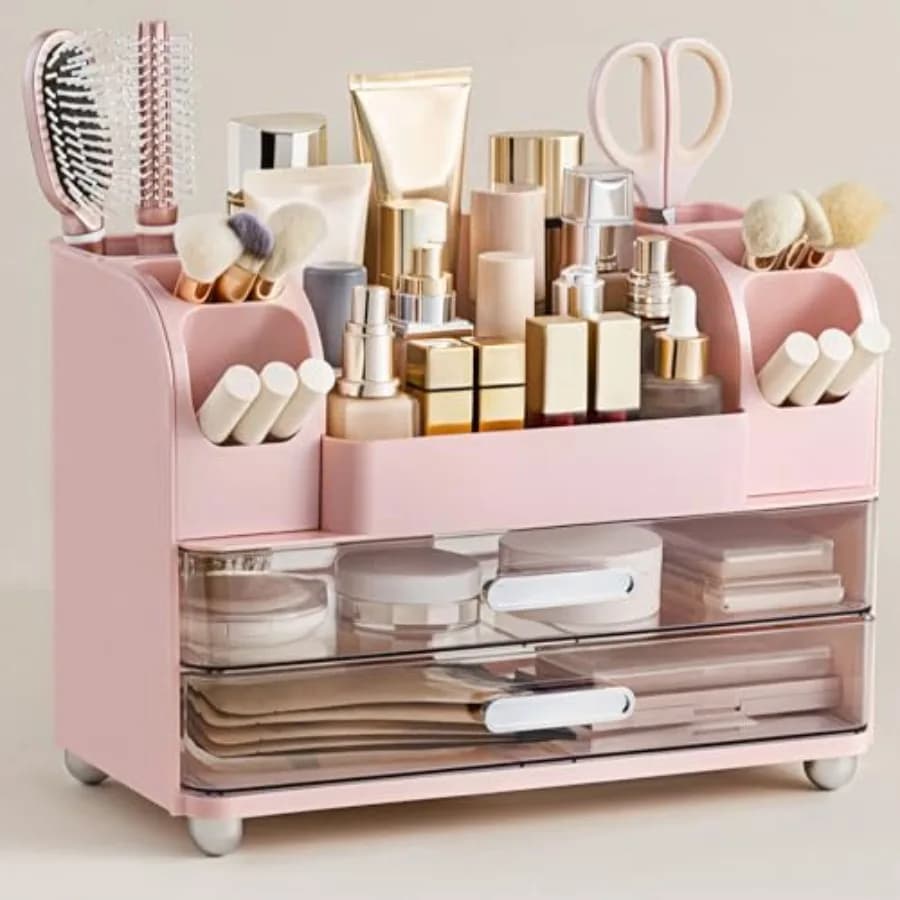 Organizer per Trucchi Rosa da Comodino con Porta Pennelli, Grande Contenitore per Cosmetici da Bagno, Organizzatore per Prodotti Skincare, Facile da Riporre