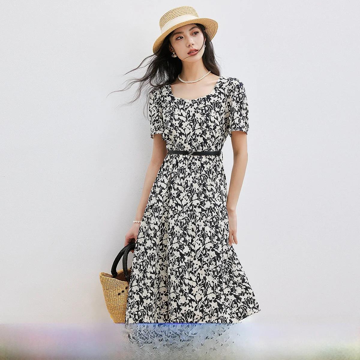 Elegant Floral Print Summer Dress High Waist A-Line Short Skirt British Style Cotton Casual Commute Fashion Ladies' Dress