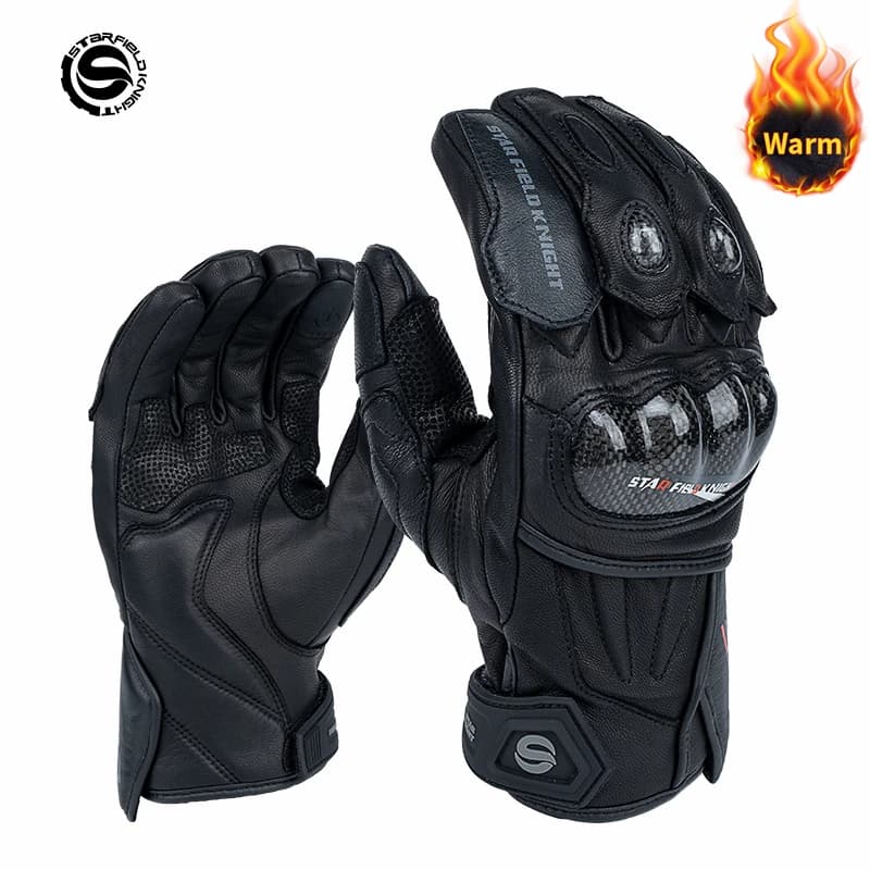 SFK Black Motorcycle Riding Gloves Winter Warm Carbon Fiber Protection Waterproof Genuine Goat Leather Non-Slip Wear-resistant