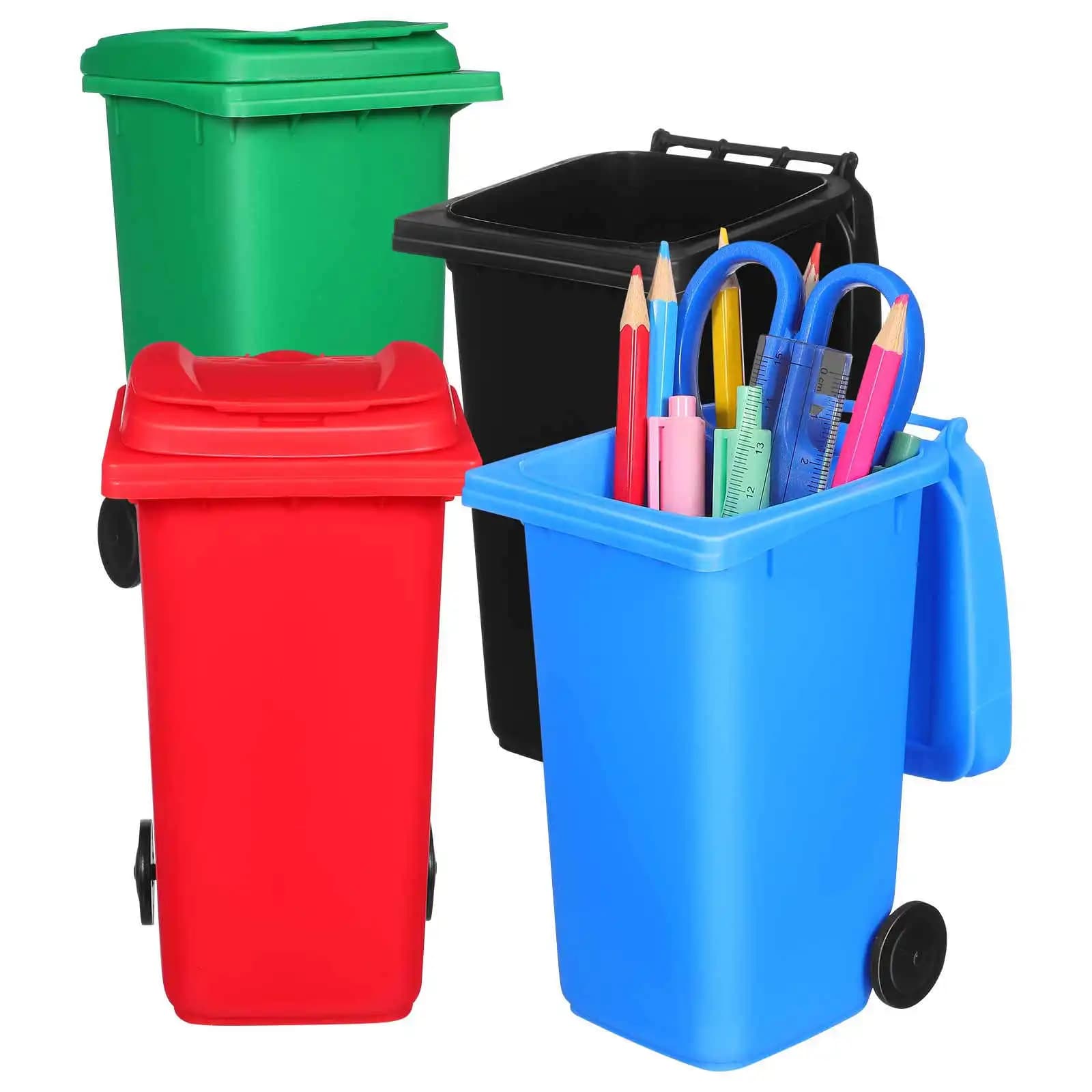 Set di 4 Mini Contenitori per Rifiuti e Portapenne, Bidoni Colorati da Scrivania con Coperchio e Ruote, Piccoli Contenitori per Riciclo e Conservazione Penne