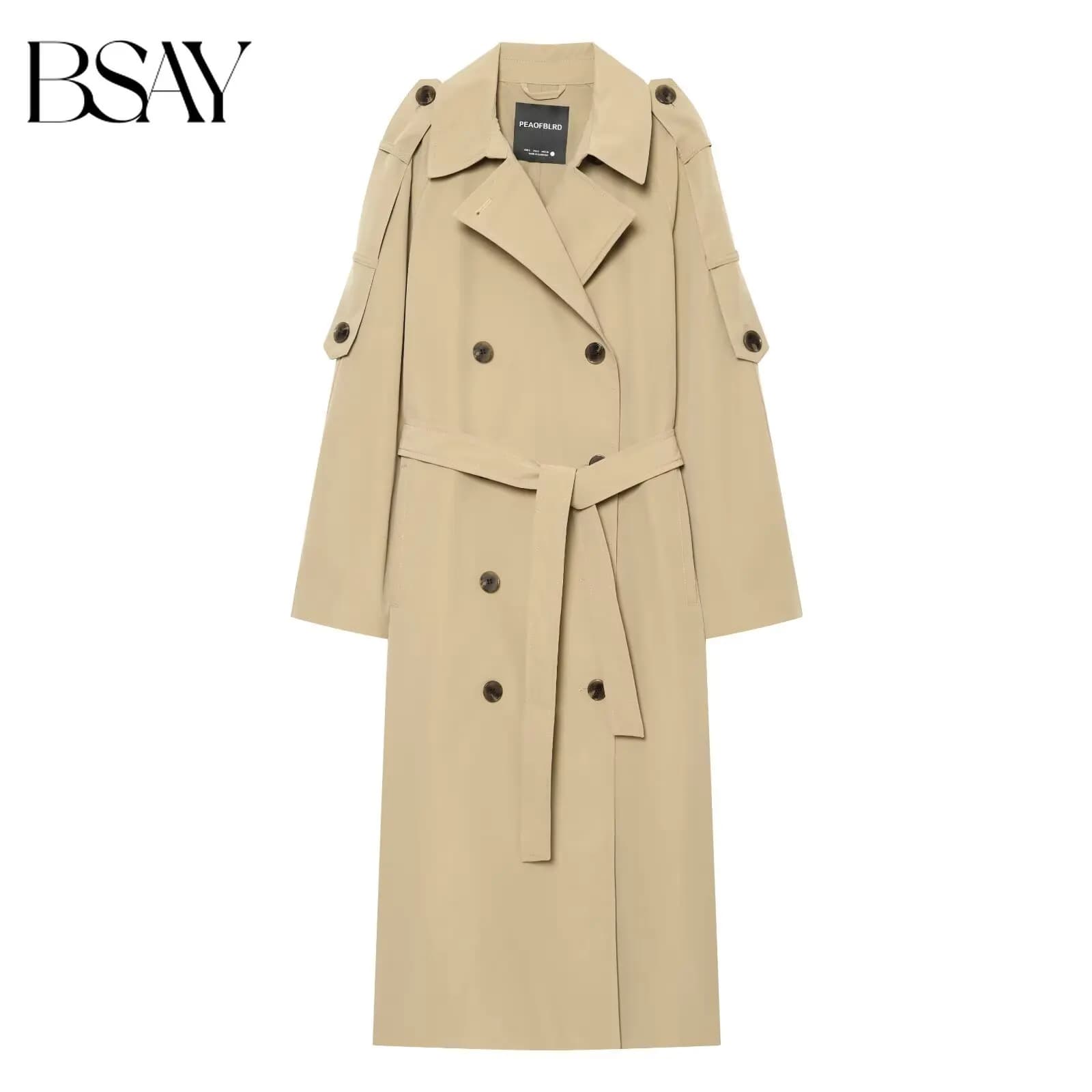 BSAY 2026 Autumn Women French Fashion Trench Coat Lapel Collar Double Breasted Belted Waist Long Sleeve Long Windbreaker Jacket