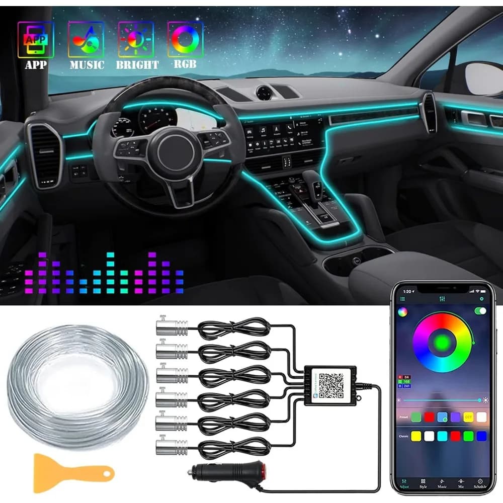 Strisce luminose a led per interni auto, kit di illuminazione ambientale RGB 6 in 1 con fibra ottica da 315 pollici, app da 16 milioni di colori wireless blu