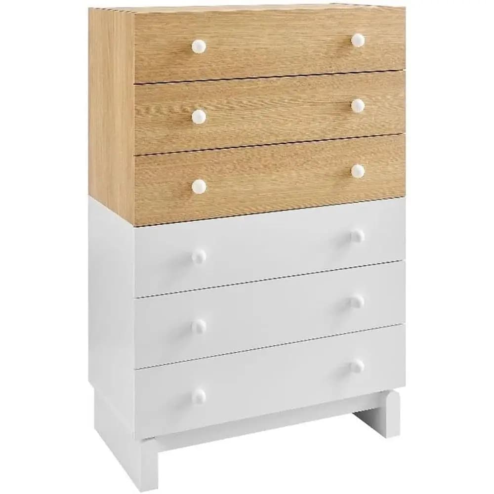 Cassettiera alta Nolia bicolore a 6 cassetti in rovere bianco – Cassettiera color block con finitura effetto venatura del legno e maniglie rotonde