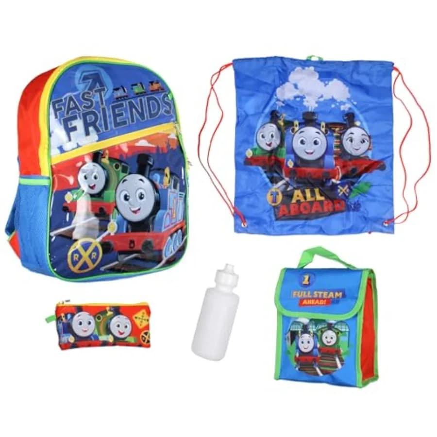 Zaino Thomas e i suoi amici, set zaino Thomas Train Fast Friends con astuccio, borraccia e borsa termica, 5 pezzi per 16 pollici