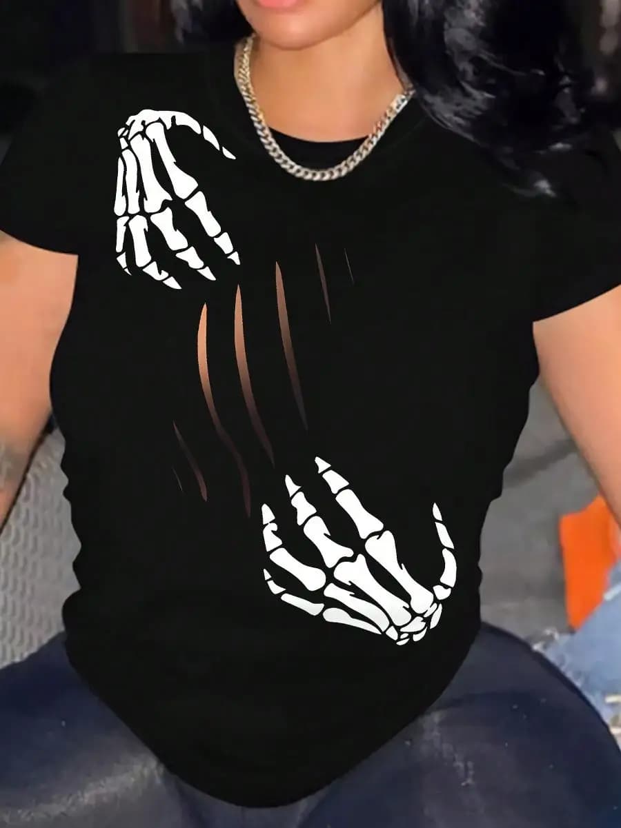 Women s Skull Hand Printed Round Neck T-Shirt Graphic Tees Women Tops