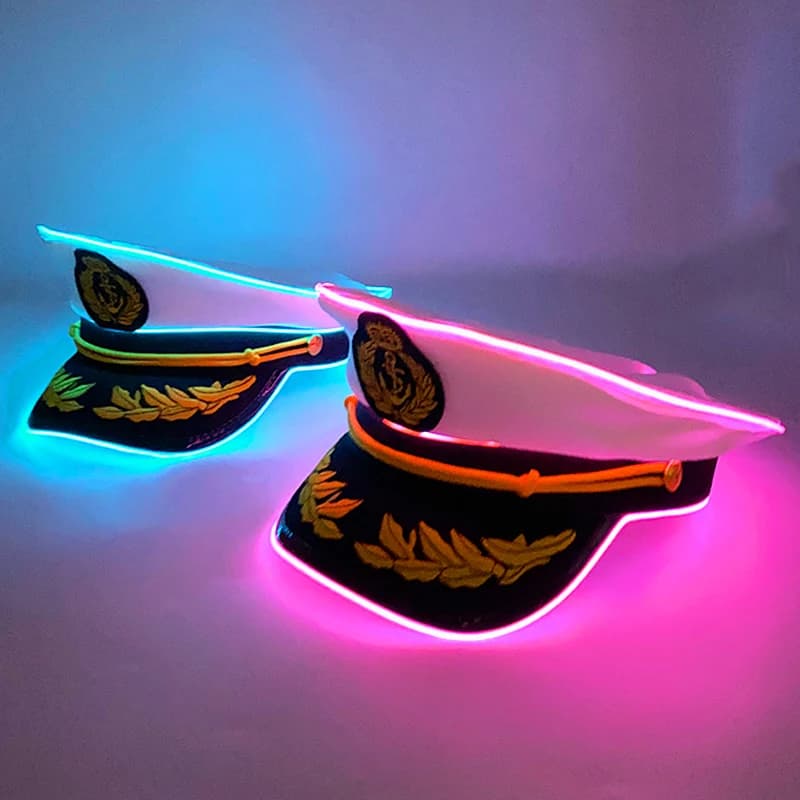 Cappello militare da capitano di barca per yacht per adulti di grano bianco Cappello da marinaio luminoso a LED Cappello da costume per cosplay per feste di ballo di Halloween