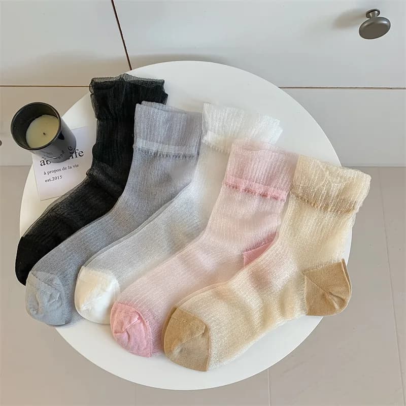 Women's Socks Breathable Ultra Thin Spring Summer White Card Stockings Mid-tube Crystal Soft Lolita Transparent Sock Solid Color