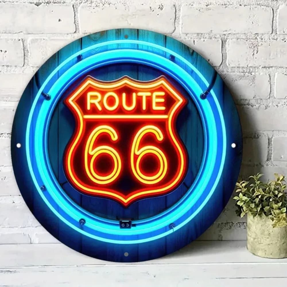 Insegna Vintage in Metallo Neon Route 66, Arte in Alluminio Blu e Arancione