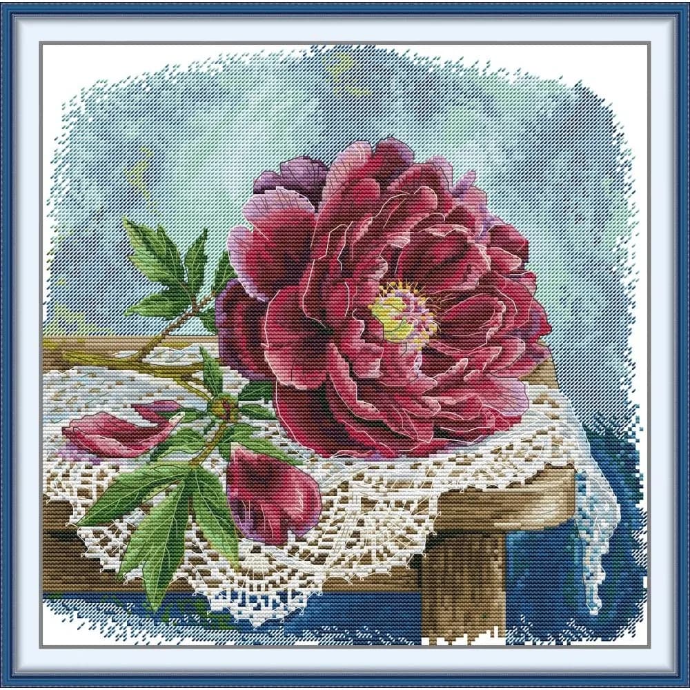 Joy Sunday News Pre-Printed Cross Stitch Kit, Stamped Aida Fabric With DMC Threads, Embroidery Kit - Red Peony