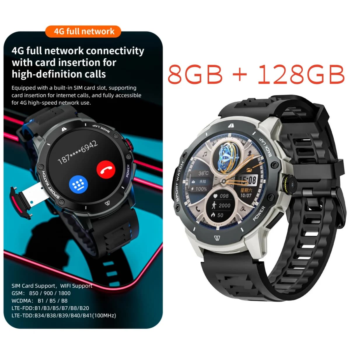 8GB + 128GB 4G Smart Watch 1.43 ''AMOLED 200W fotocamera con GPS Wifi Google Play cardiofrequenzimetro Smartwatch Android per uomo donna