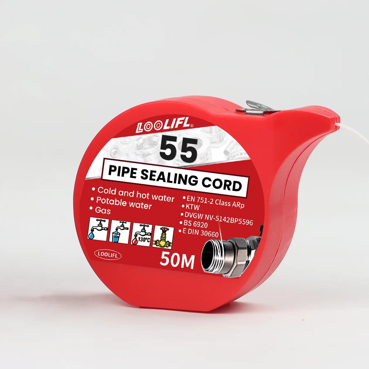 LOOLIFL55 Corda Sigillante per Tubi 50M, Nastro Sigillante per Gas, Acqua Potabile, Acqua Calda e Fredda, Sigillante per Raccordi Idraulici con