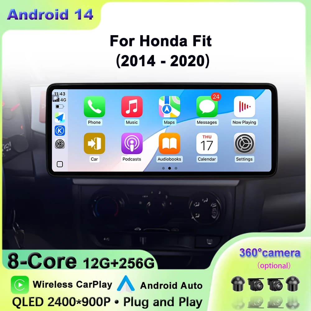 Lettore multimediale video per auto per Honda Fit 2014-2020 Wireless Carplay Android Auto Touch Screen Navigazione GPS Bluetooth da 12,3 pollici