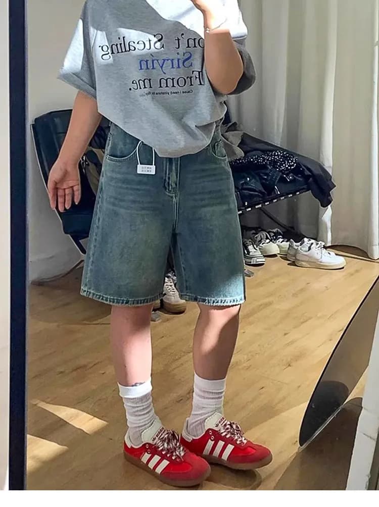 Retro Five-Point Women's Denim Shorts Summer Loose Wide Leg Straight Cut High Waist Jeans plus Size for Pear Shaped Body