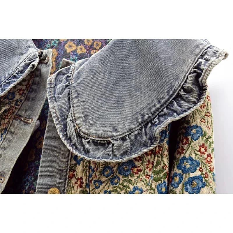 Volant ricamo jacquard colletto alla Peter Pan giacca di jeans impiombata donna corta da cowboy capispalla giacca di jeans donna Chaquetas Mujer