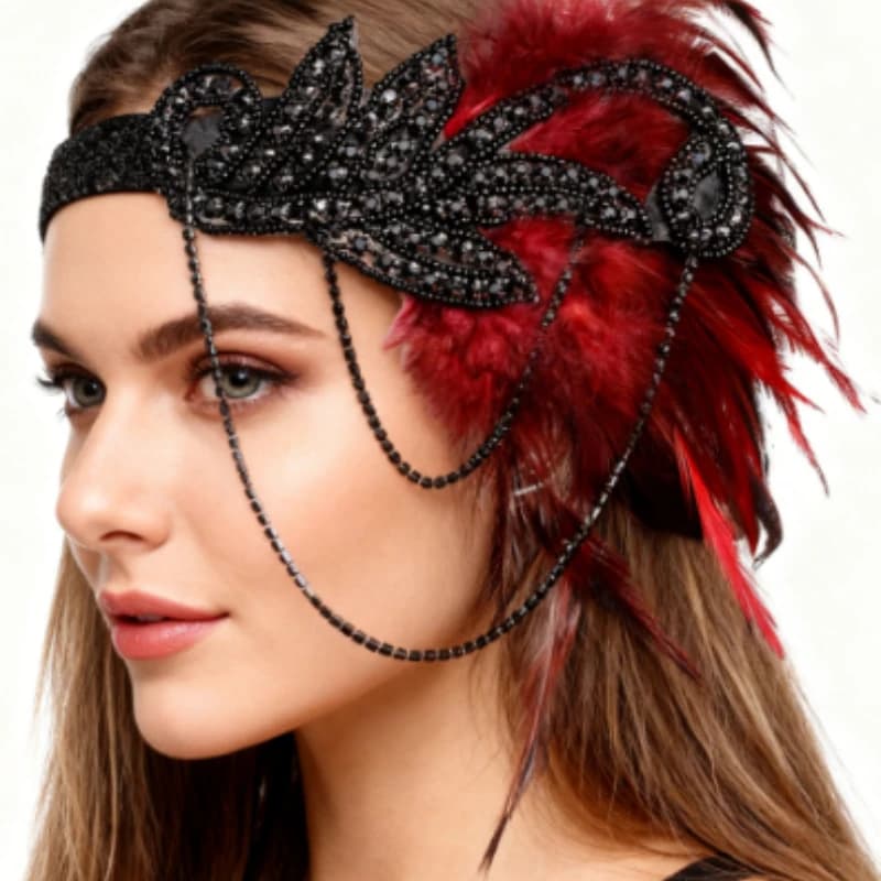 PESENAR 1920s rock girl: Red feathered headband, pearls, and earrings, perfect for roaring parties of the era