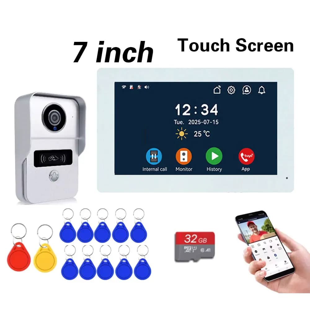 Sistema Videocitofonico Wireless WiFi, Telecamera per Porta 1080P, Schermo Touch da 7 Pollici, Interfono Video con Scheda SD da 32GB per Casa