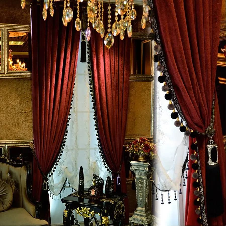 Curtains with Pompon for Living Room, Set of 2 Dark Velvet Panels, Luxury Curtains with Bedouflage, Bordeaux, 52W84L2