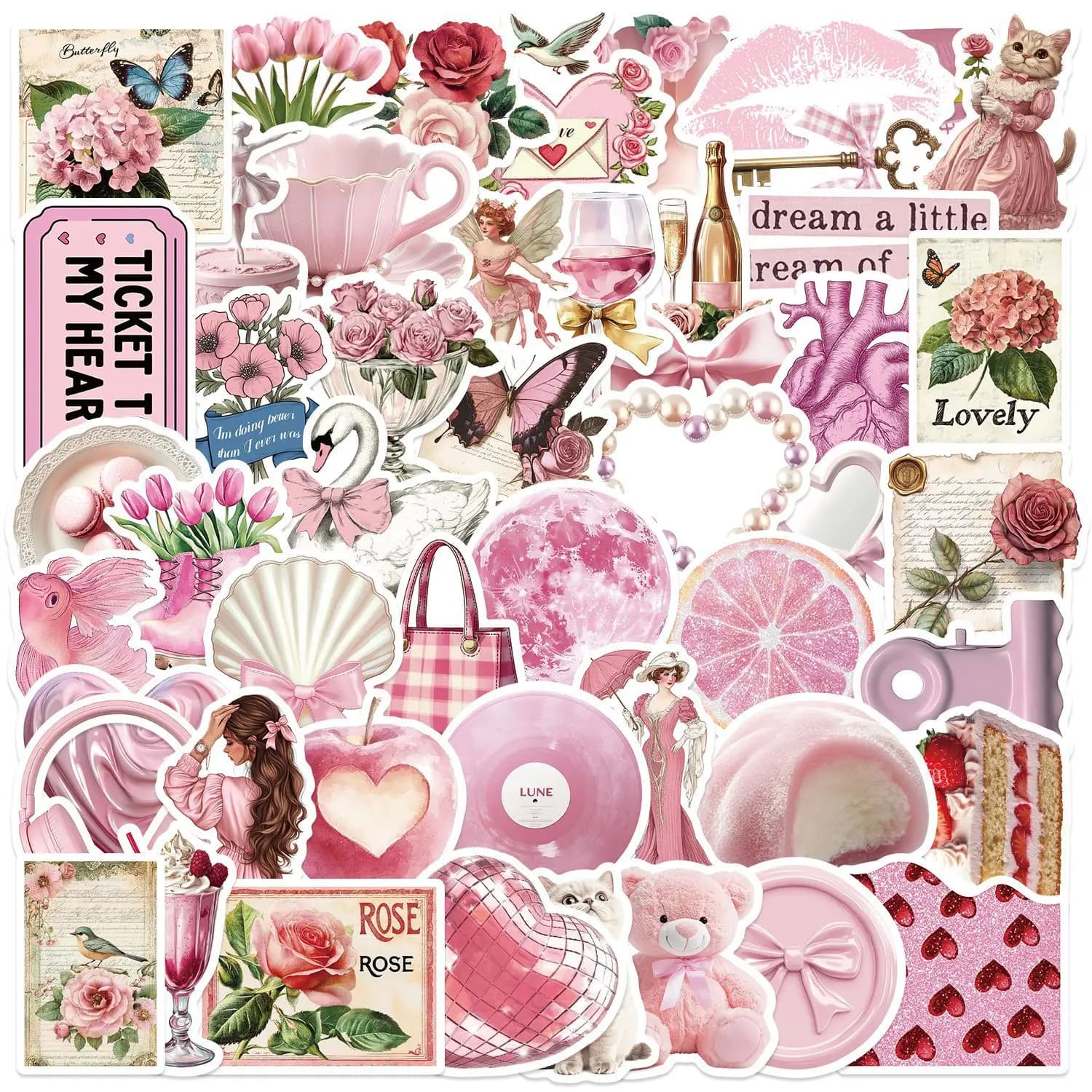 50/100 Pezzi Adesivi Carini Rosa con Cartoni Animati per Ragazze, Stile Estetico INS, per Frigorifero, Laptop, Telefono, Diario, Cancelleria, Graffiti, Giocattolo per Bambini