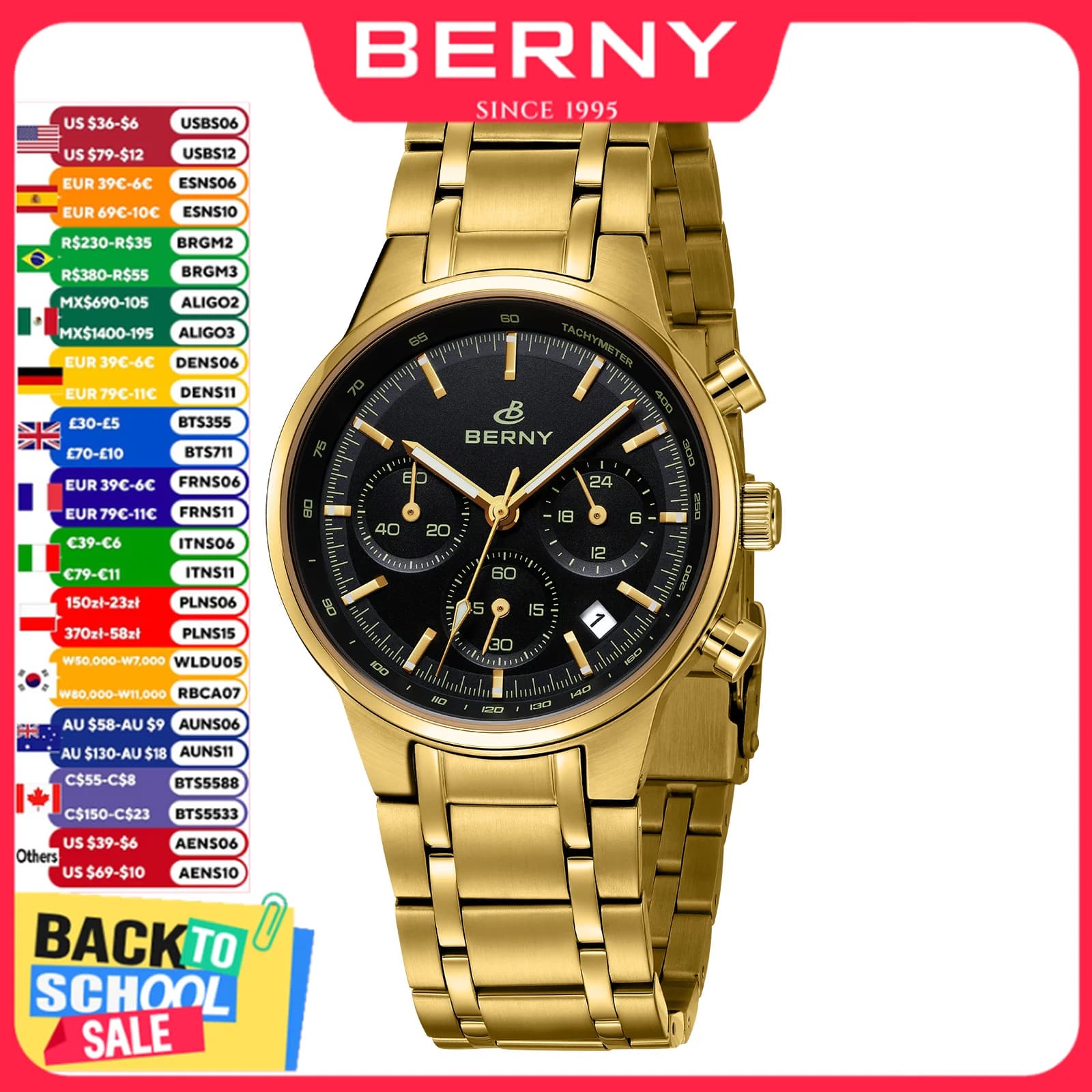BERNY Top Gold Chronograph Watch for Men Panda Dial Quartz Sport Speed Fashion Sapphire Stainless Steel Waterproof Men's Watches
