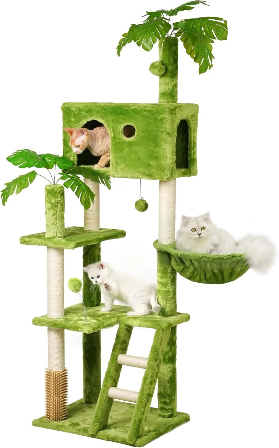 Albero per gatti verde da 65 pollici con tiragraffi, amaca, posatoio, palla da gioco, pettine per gatti e scala per gatti da interno