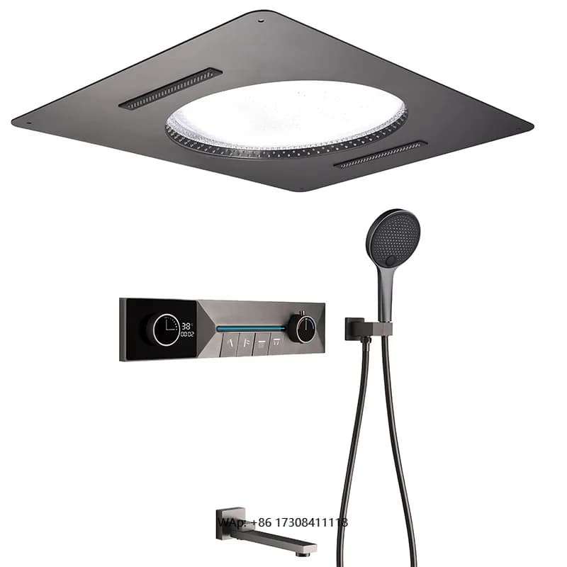 Set doccia da parete con display digitale quadrato in ottone leggero e di lusso con uscita a cascata con spruzzo pioggia, controllo intelligente con spruzzo superiore grande