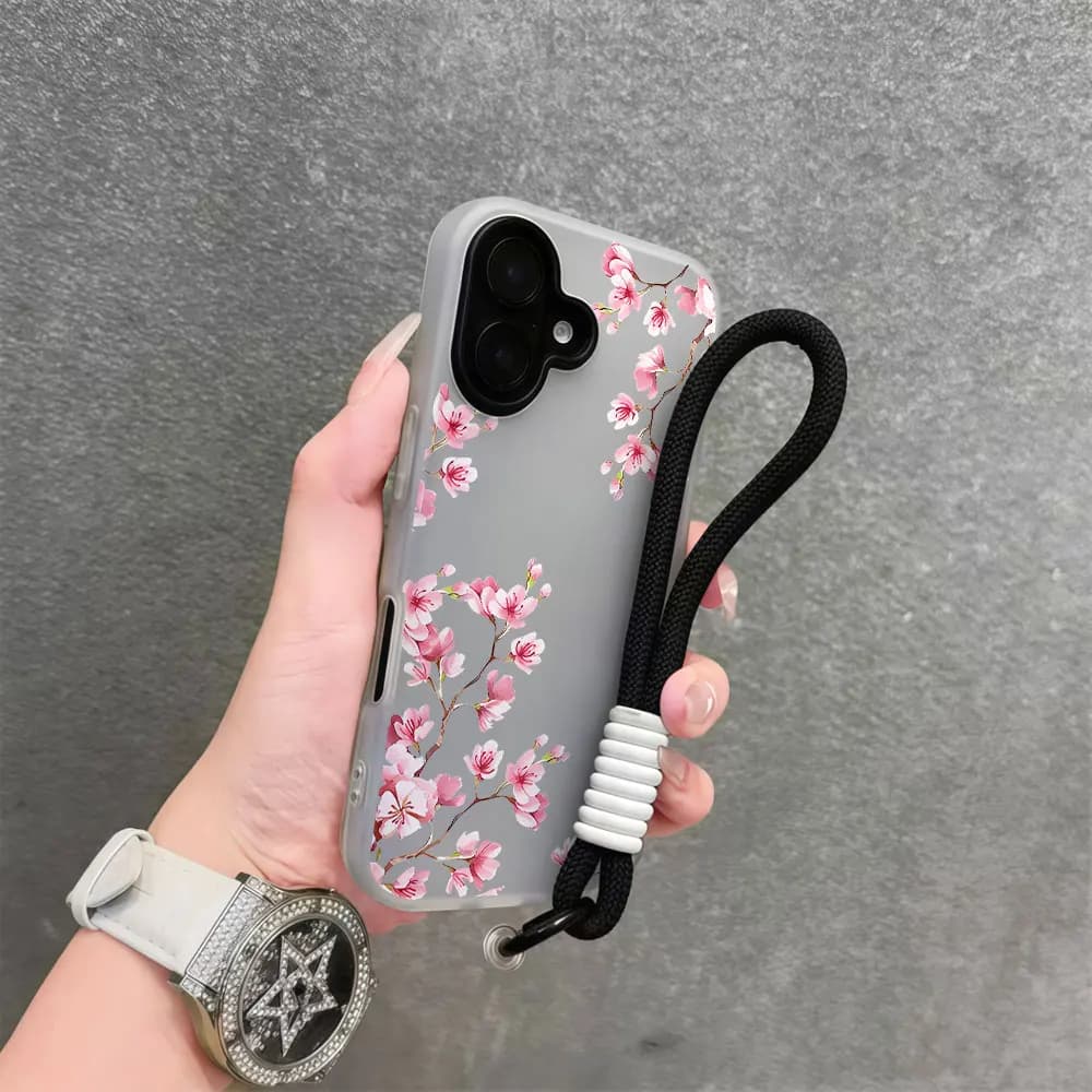 Phone Case For iPhone 17 16 15 13 12 14 11 Pro Max XS XR 16 15 14 7 8 Plus SE Air Pink Peach Blossom Lanyard Wrist Strap Cover