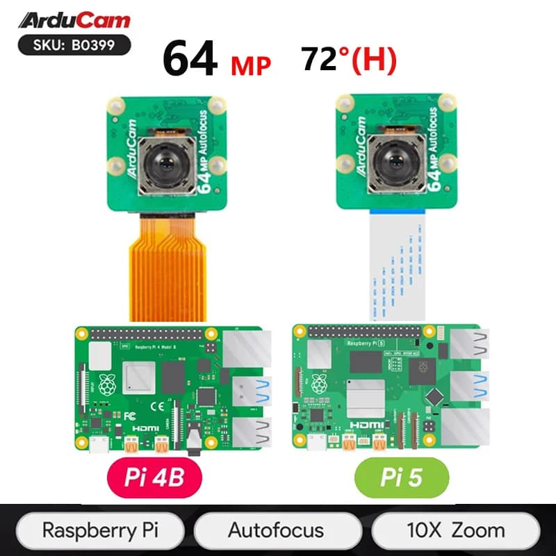Arducam 64MP 70 ° (H) Camera module with automatic focus PDAF and CDAF for Raspberry Pi