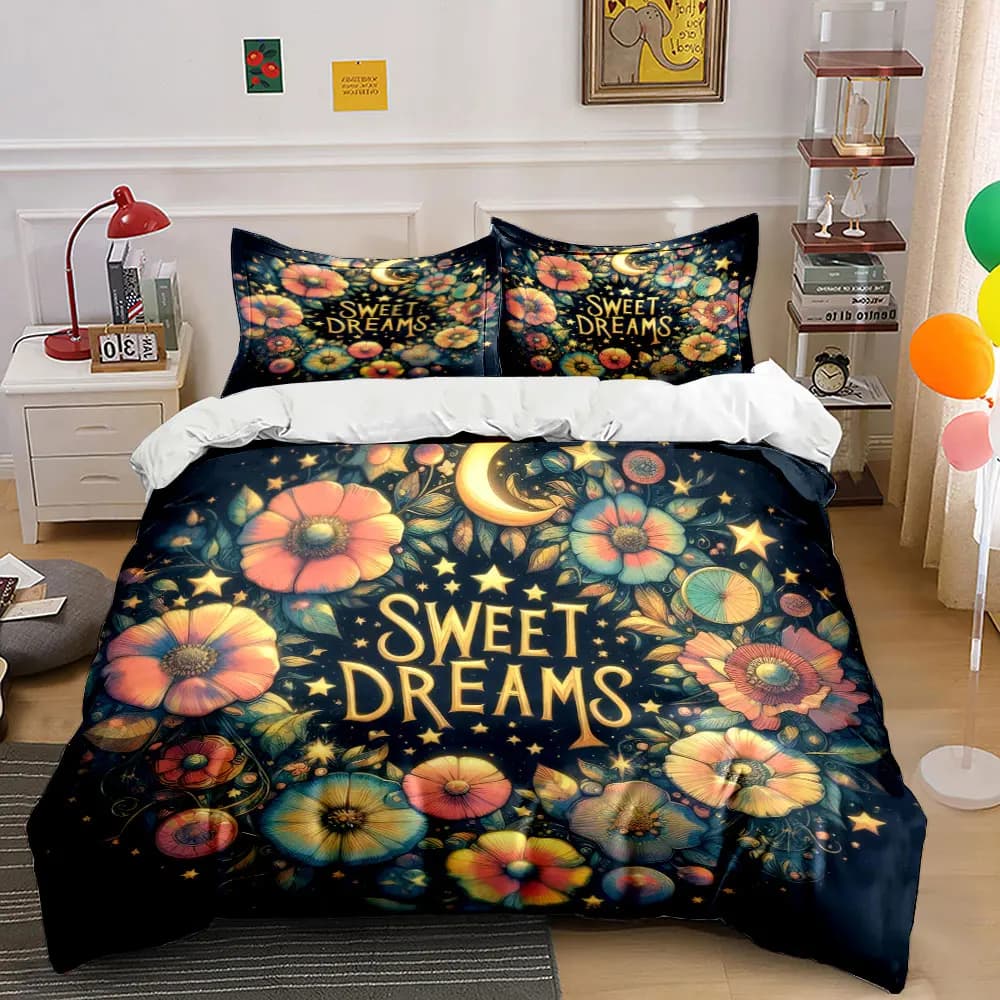 Set Decorativo Floreale Notte di Luna, Set Biancheria da Letto con 1 Copripiumino e 2 Federe, Singolo, Matrimoniale, King, Queen, Regalo