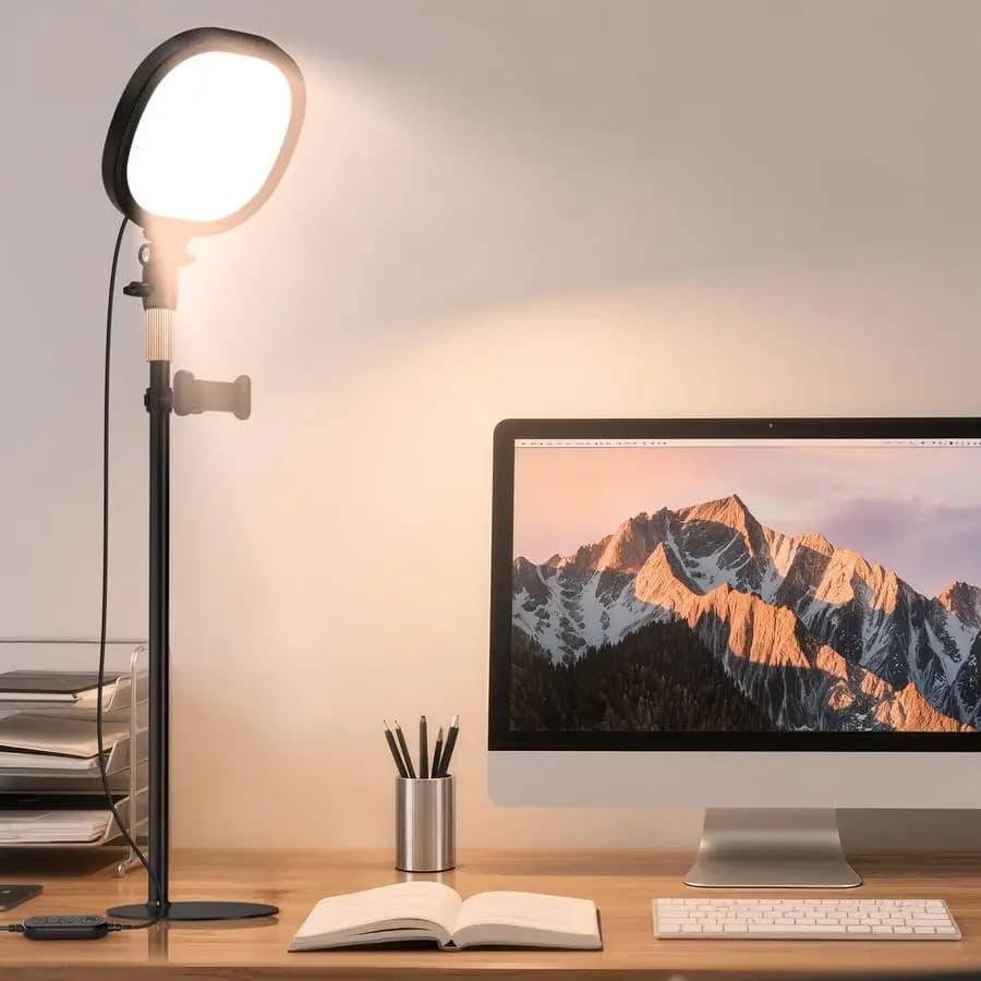 Desk ring light with integrated phone support and support, CRI 97, adjustable ring light for meetings with computer webcams, video calls, recordings