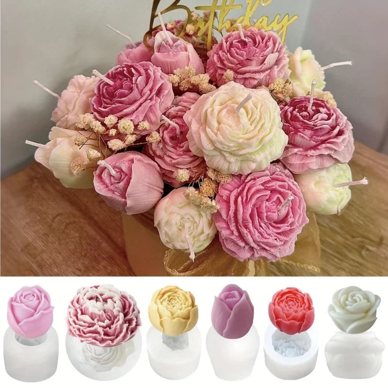 6Floral Bouquet Silicone Candle Mold Set - Peony、Rose、Heart-shaped flower&Rosebud | DIYResin、Candle&Soap mold，Suitable for handm