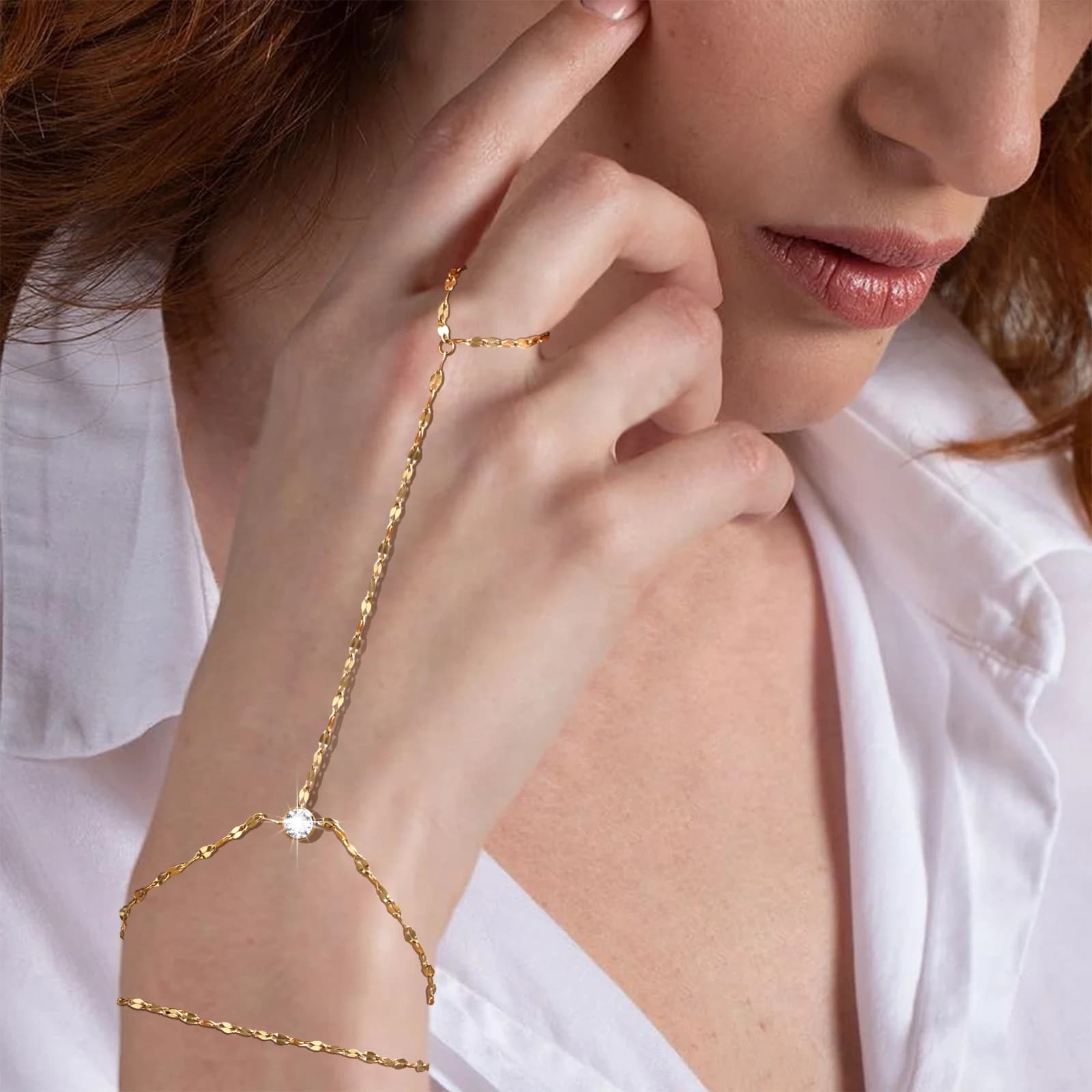 Bracciale a catena con dito vintage a doppio strato Braccialetti con anello a catena a mano con zirconi placcati in oro 18 carati Gioielli in acciaio inossidabile per le donne