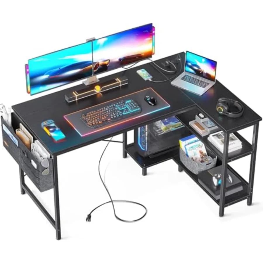 Scrivania da Gaming a L da 48 Pollici con Prese di Corrente, Ripiani Reversibili e Supporto per PC per Ufficio Domestico Semplice W